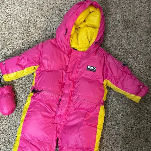 VTG Ralph Lauren Goose Down SnowSuit Bunting 12m-24m Pink & Yellow Puffer Zipper - Picture 2 of 11
